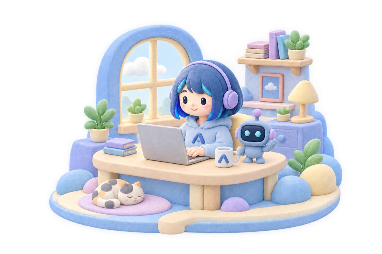 クレイのジオラマ。机で Mac に向かう ASIST と、となりのロボット