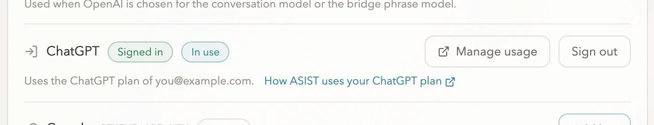 The ChatGPT row of the API keys page after signing in, with the plan in use