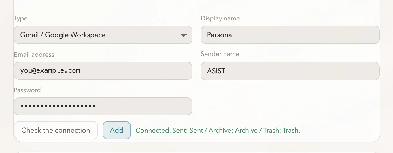 A Gmail account entered and its connection checked
