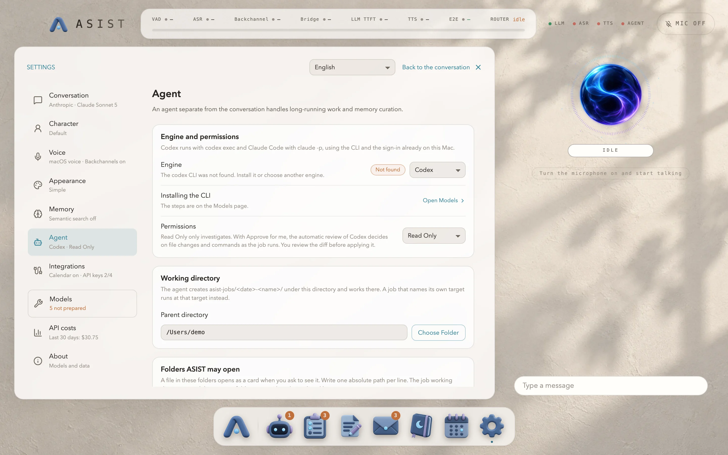 The Agent page in the settings