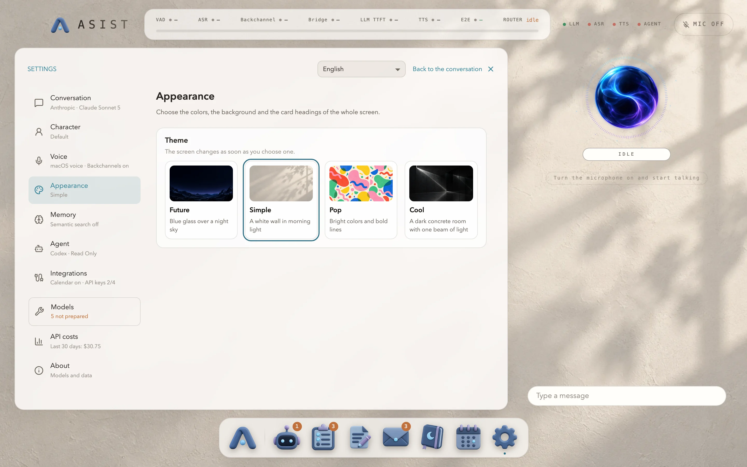 The Appearance page in the settings