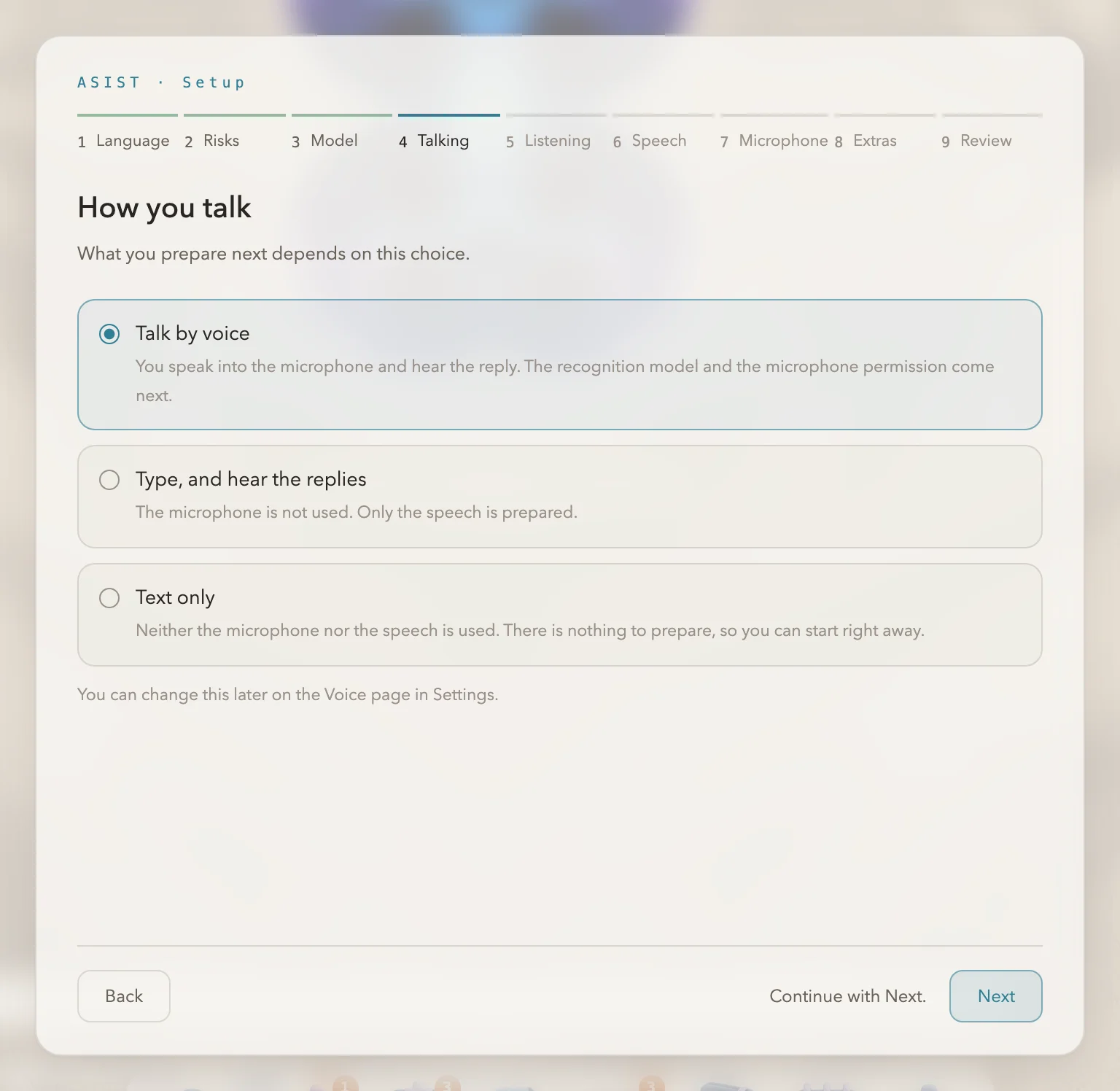 The screen with “Talk by voice” chosen