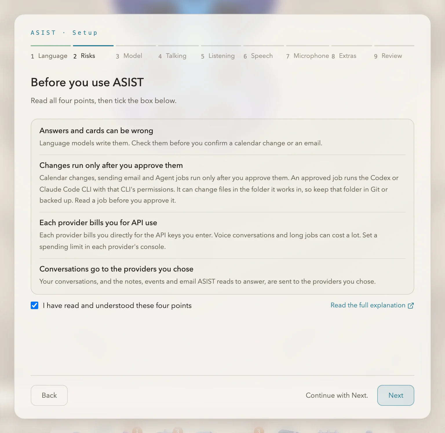 The screen with what to know before you use ASIST