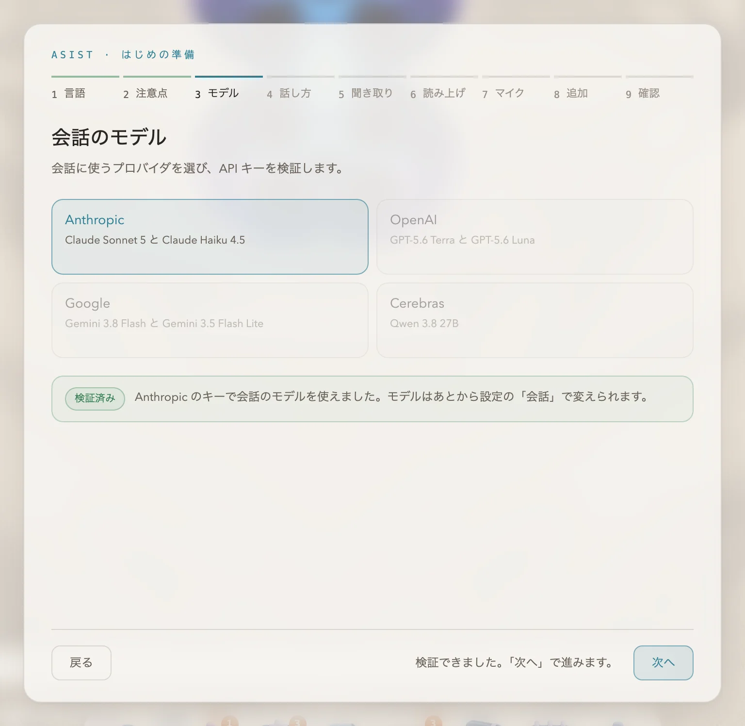 API キーを検証して保存した画面